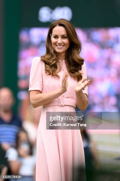 Catherine, Duchess of Cambridge attends the Wimbledon Championships Tennis Tournament at All England Lawn Tennis and Croquet Club on July 11, 2021 in...