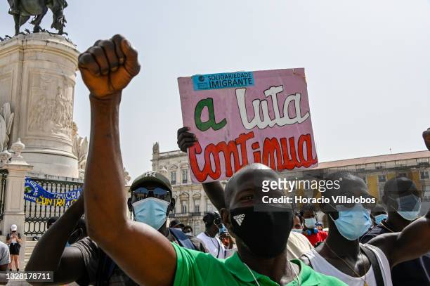 Demonstrators gather in Praça do Comercio to protest against current practices by SEF related to immigrants trying to get their First Residence...