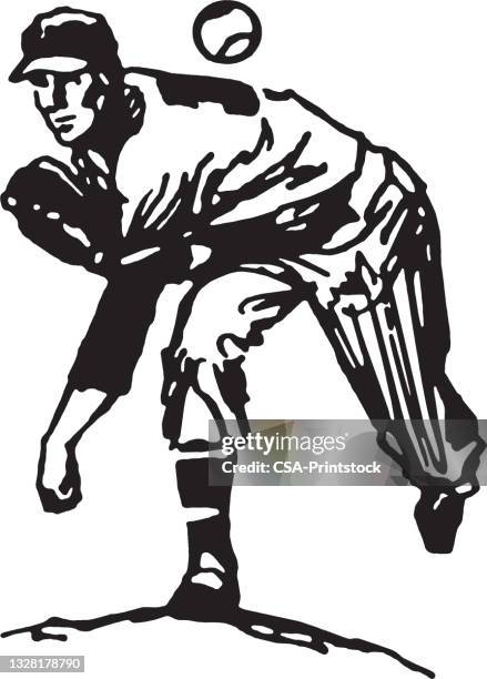 illustrazioni stock, clip art, cartoni animati e icone di tendenza di giocatore di baeball - pitcher di baseball