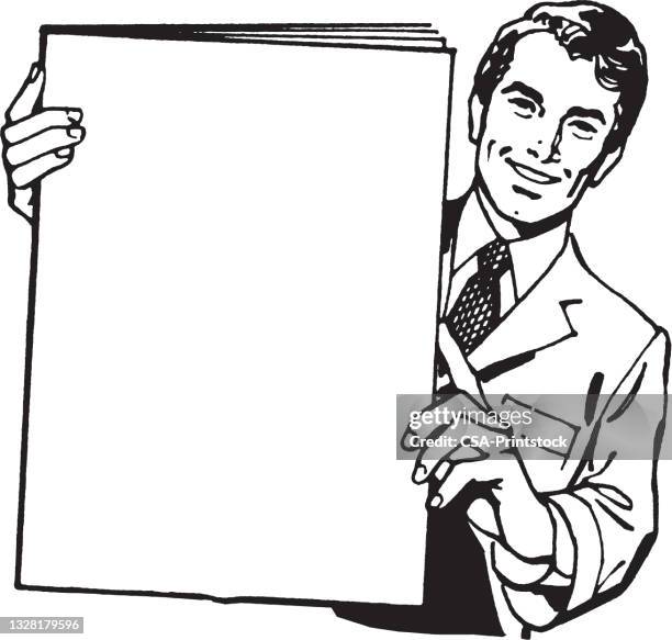 ilustrações de stock, clip art, desenhos animados e ícones de man holding up giant booklet - kitsch