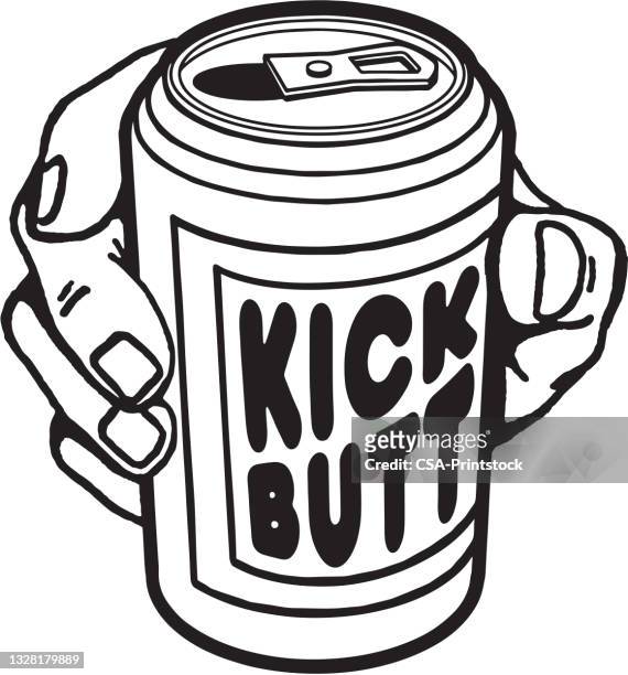 kick butt beverage can - beer label stock illustrations