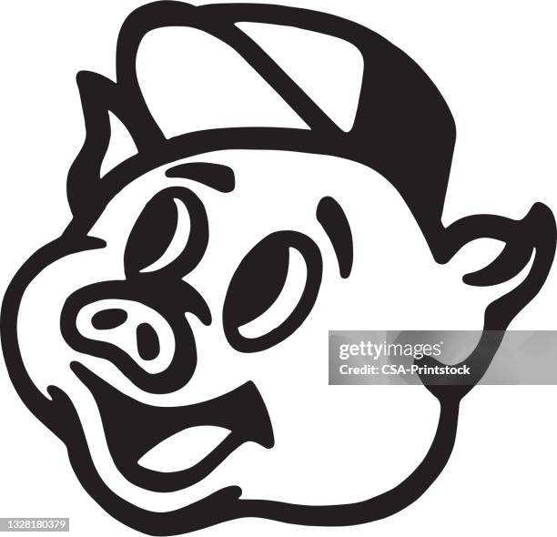 happy pig wearing cap - pig stock illustrations