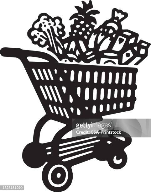 ilustraciones, imágenes clip art, dibujos animados e iconos de stock de carrito lleno de comestibles - shopping cart