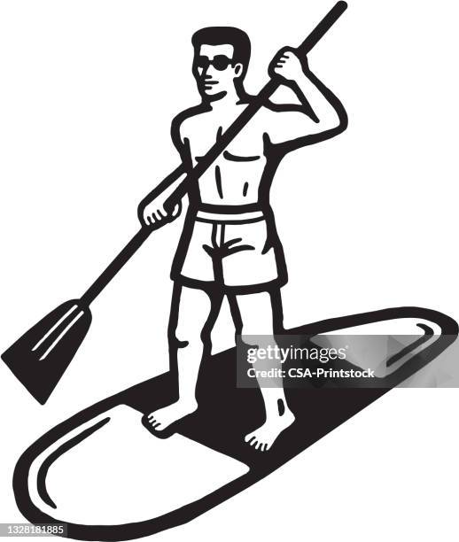 stockillustraties, clipart, cartoons en iconen met man paddleboarding - zwembroek