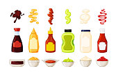 Bottles with sauces, saucers and splashes of sauces on a white background. Ketchup, soy sauce, mustard, mayonnaise-collection. Vector illustration.