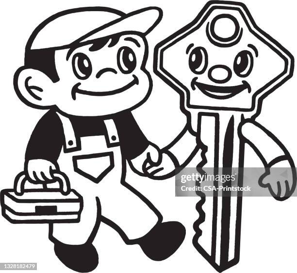 handyman and key holding hands - character builder stock illustrations