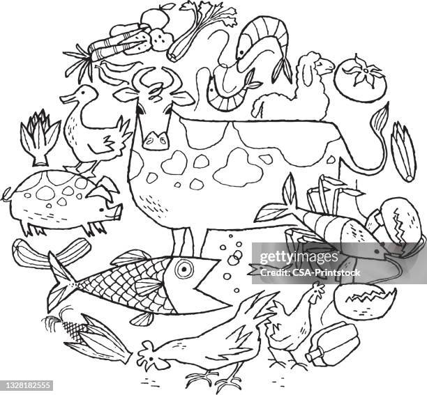 meat and seafood - shrimp farm stock illustrations