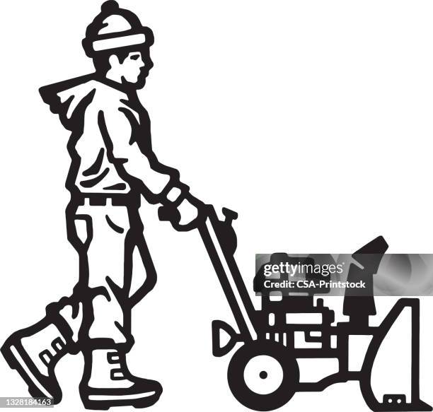 ilustrações, clipart, desenhos animados e ícones de homem usando um soprador de neve - removedor de neve ferramenta de trabalho