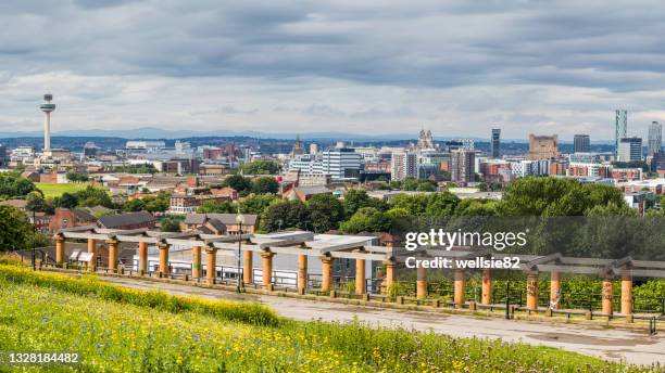 liverpool skyline panorama from everton park - liverpool skyline stock pictures, royalty-free photos & images