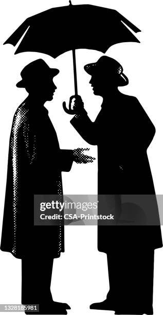 two men talking under an umbrella - salesman stock illustrations