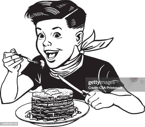 ilustraciones, imágenes clip art, dibujos animados e iconos de stock de niño comiendo una pila de panqueques - crep