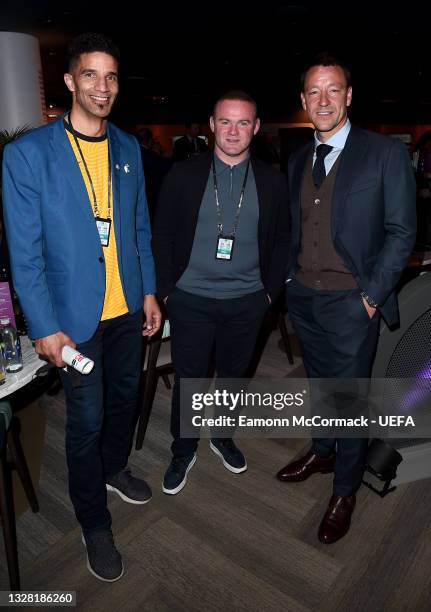 Former England Internationals, David James, Wayne Rooney and John Terry pose for a photograph prior to the UEFA Euro 2020 Championship Final between...