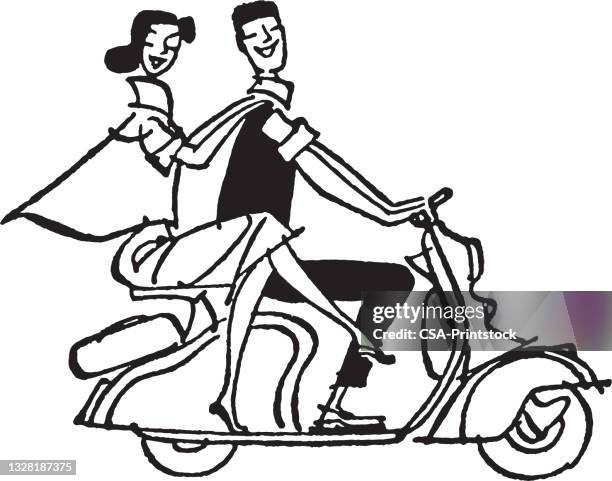 two people riding a moped - couple scooter stock illustrations