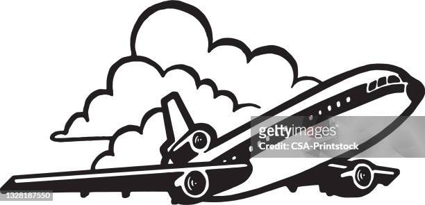 ilustraciones, imágenes clip art, dibujos animados e iconos de stock de avión volando en el cielo - pop fly