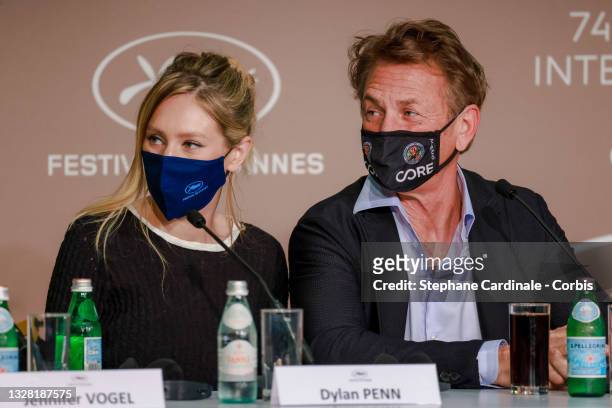 Dylan Penn and Sean Penn attend the "Flag Day" press conference during the 74th annual Cannes Film Festival on July 11, 2021 in Cannes, France.