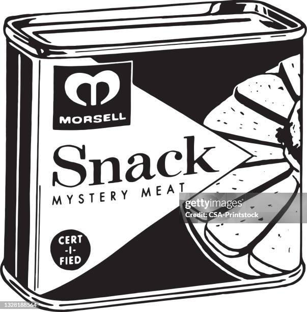 can of snack mystery meat - mystery meat stock illustrations