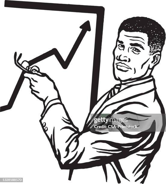 businessman pointing to a graph - dictation machine stock illustrations