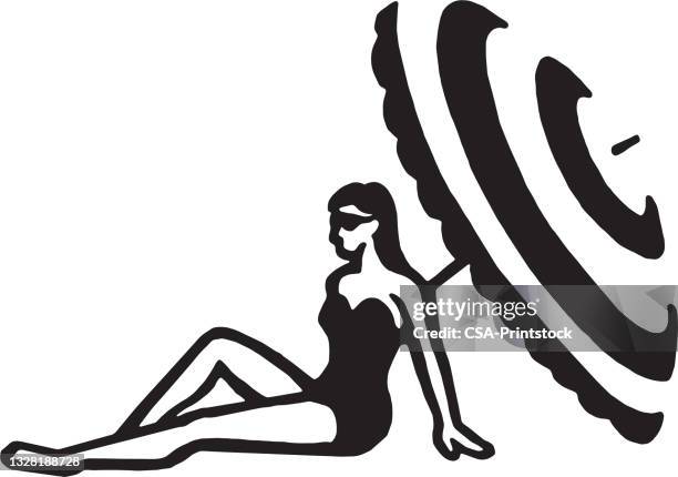 woman sunbathing under an umbrella - sun tan stock illustrations