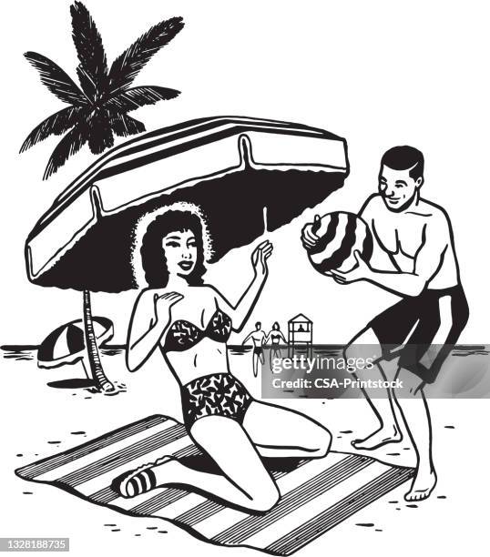 couple having fun on the beach - kitsch stock illustrations stock illustrations