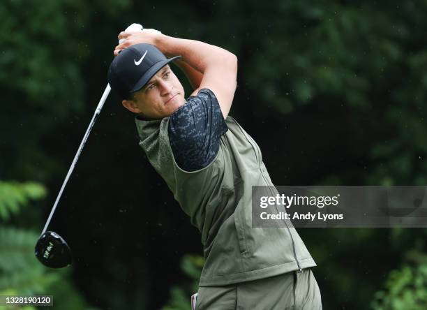 Cameron Champ plays his shot from the second tee during the final round of the John Deere Classic at TPC Deere Run on July 11, 2021 in Silvis,...