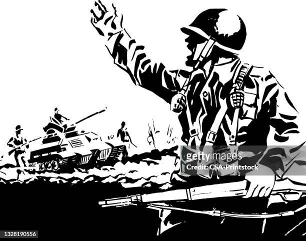soldat auf einem schlachtfeld - konflikt stock-grafiken, -clipart, -cartoons und -symbole