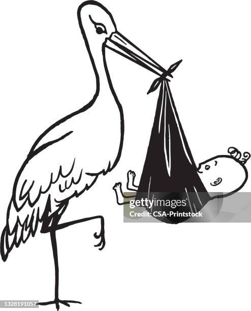 stockillustraties, clipart, cartoons en iconen met stork carrying a baby - ooievaar