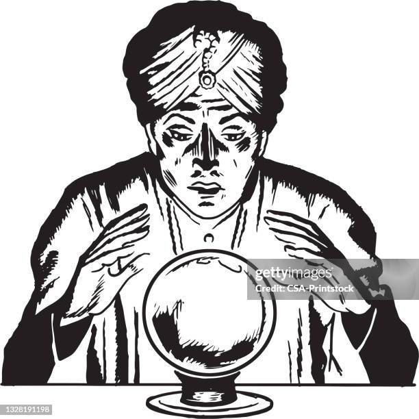 ilustraciones, imágenes clip art, dibujos animados e iconos de stock de adivino mirando en una bola de cristal - fortune teller