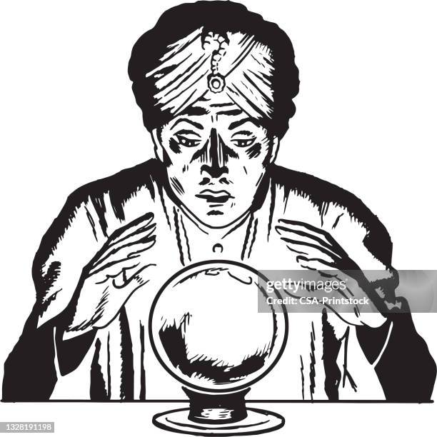 fortune teller looking in a crystal ball - crystal ball fortune teller stock illustrations