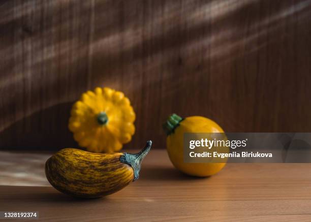 ripe yellow eggplant and pattypan squash (cucurbita pepo) on wooden table. - pattypan squash imagens e fotografias de stock