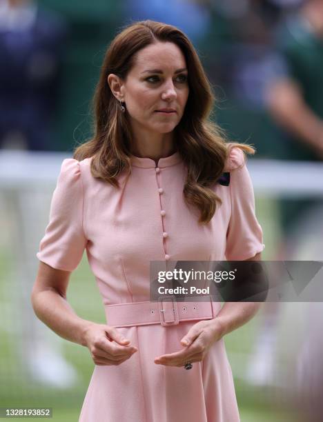 Catherine, Duchess of Cambridge looks on after the men's Singles Final match between Novak Djokovic of Serbia and Matteo Berrettini of Italy on Day...