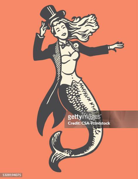 mermaid wearing a tuxedo - mermaid tail stock illustrations