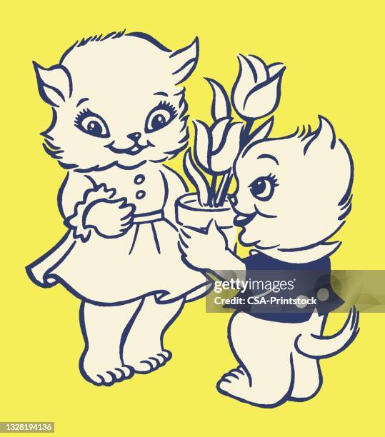 kätzchen und topf mit tulpen - tulips cat stock-grafiken, -clipart, -cartoons und -symbole