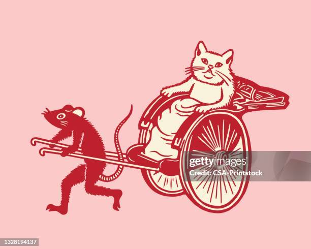 mouse pulling a rickshaw with a cat - rickshaw stock illustrations