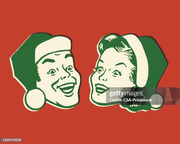 couple wearing santa hats - kitsch stock illustrations