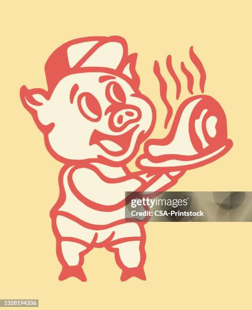 pig holding a plate of pork - pork stock illustrations