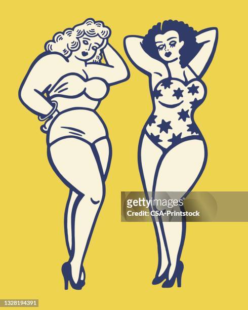 two women wearing swim suits - glamour model stock illustrations