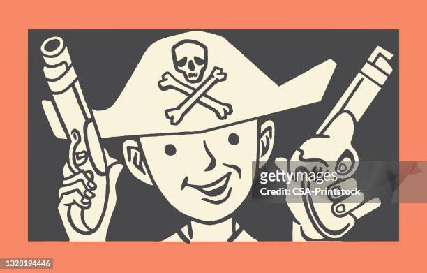 pirate boy with guns - trigger warning stock illustrations
