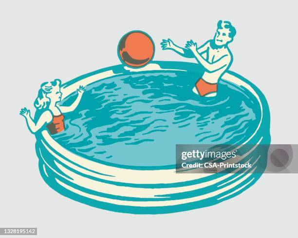 children playing in a pool - backyard enjoyment stock illustrations