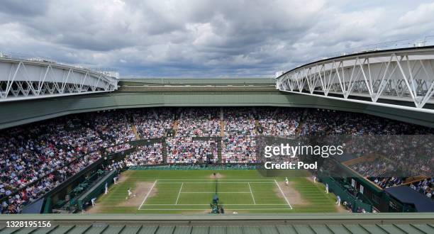 General view as Novak Djokovic of Serbia plays a forehand during his men's Singles Final match against Matteo Berrettini of Italy on Day Thirteen of...