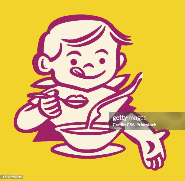 stockillustraties, clipart, cartoons en iconen met boy eating soup - licking