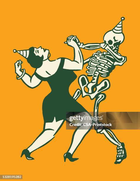 stockillustraties, clipart, cartoons en iconen met woman dancing with a skeleton - crazy party