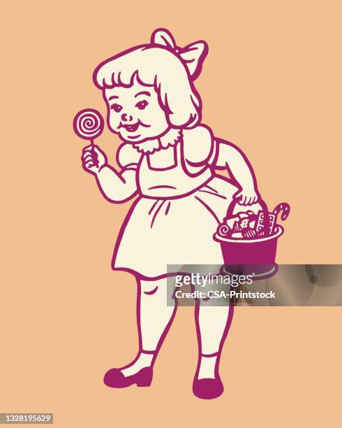 ilustraciones, imágenes clip art, dibujos animados e iconos de stock de chica con una cesta de caramelos - girl smile