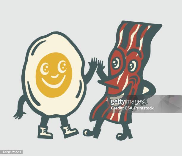 bacon and egg characters - kawaii food stock illustrations