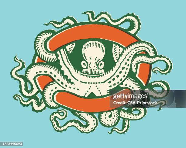 stockillustraties, clipart, cartoons en iconen met octopus entwined in a banner - tentacle
