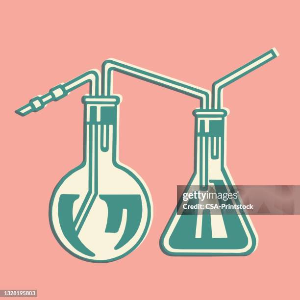 chemistry flasks with straws - science experiment stock illustrations