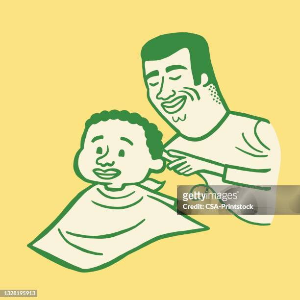 stockillustraties, clipart, cartoons en iconen met man cutting boys hair - barbershop