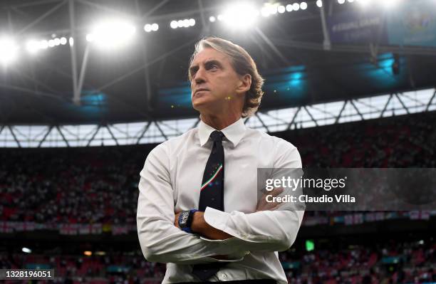 Roberto Mancini, Head Coach of Italy looks on prior to the UEFA Euro 2020 Championship Final between Italy and England at Wembley Stadium on July 11,...