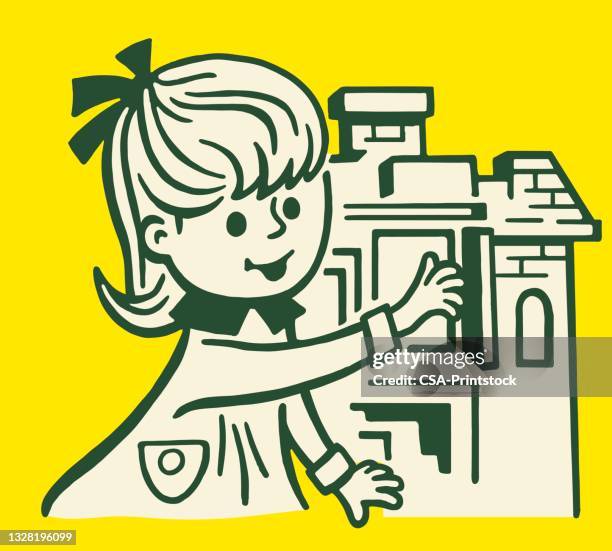 ilustrações de stock, clip art, desenhos animados e ícones de girl and dollhouse - doll house