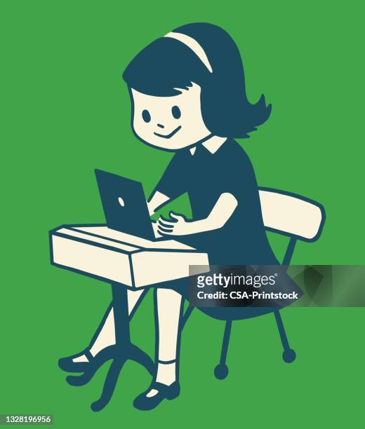 girl sitting at desk - organisieren stock illustrations