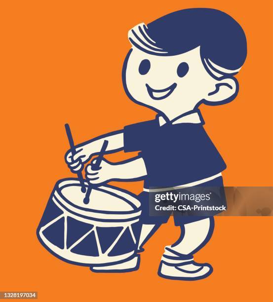 boy drumming - kid playing drums stock illustrations